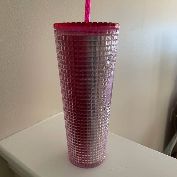 Starbucks Tumbler 2023 Iridescent Pink Silver Bubblegum Grid 24oz Cold Cup - Picture 3 of 4
